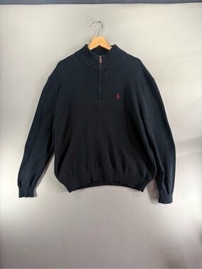 Polo Ralph Lauren Sweater Men Large Black Pullover Pony 1/4 Zip Classic Vtg